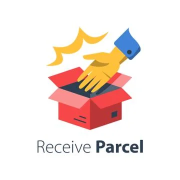 Delivering shop order, open box and hand, pick up pint, give away parcel Illustrazione stock