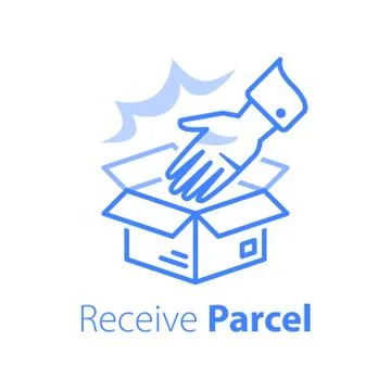 Delivering shop order, open box and hand, pick up pint, give away parcel Illustrazione stock