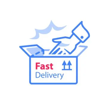 Delivering shop order, open box and hand, pick up pint, give away parcel Illustrazione stock