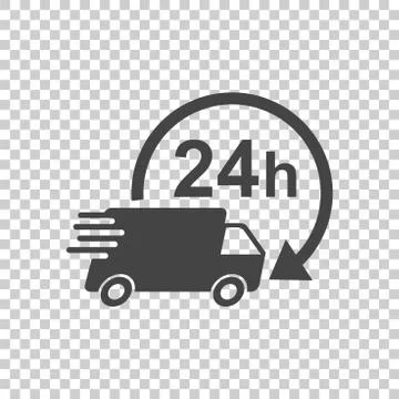 Delivery 24h truck with clock vector illustration. 24 hours fast delivery ser Stock Illustration
