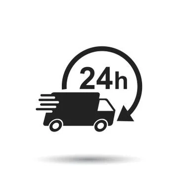 Delivery 24h truck with clock vector illustration. 24 hours fast delivery ser Stock Illustration