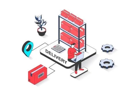 Delivery 3d isometric concept with isometry people design for web. Man work.. Illustrazione stock