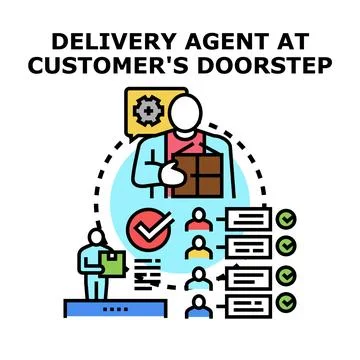 Delivery agent holding parcel completing online order 库存插图