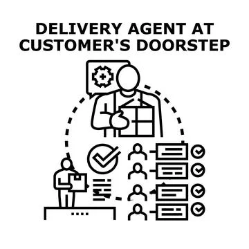 Delivery agent holding parcel completing online order Illustrazione stock