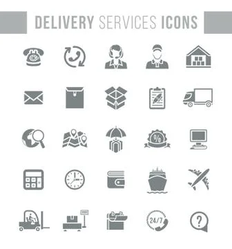 Delivery and logistics services flat silhouette web icons Stock Illustration