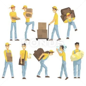 Delivery And Moving Company Employees Carrying Heavy Objects, Delivering Stock Illustration