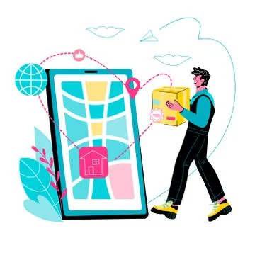 Delivery and parcels tracking app flat cartoon vector illustration isolated. Illustrazione stock