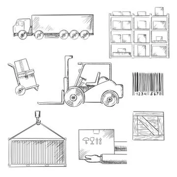 Delivery and shipping sketch icons Illustrazione stock