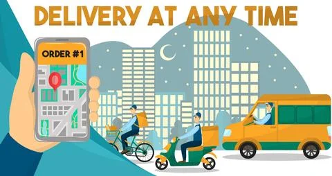 Delivery at any time. Vector illustration with a vehicle. Phone and city map. 스톡 일러스트