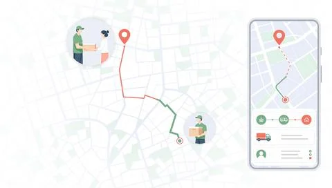 Delivery app interface with map tracking and courier illustrations Stock Illustration