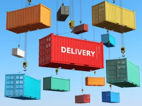 Delivery background concept. Cargo shipping containers in storage area with f Stock Illustration