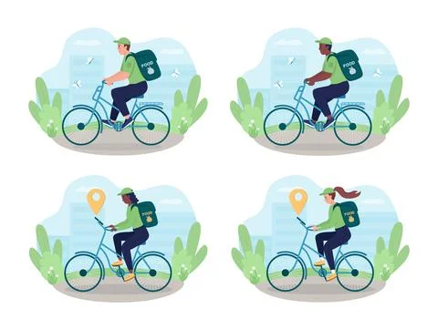 Delivery on bike 2D vector isolated illustration set Illustrazione stock