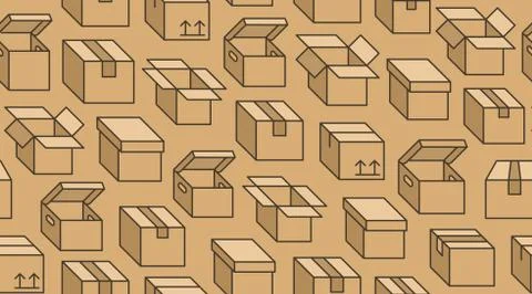 Delivery box background, cargo package seamless pattern. Various open and closed イラスト素材