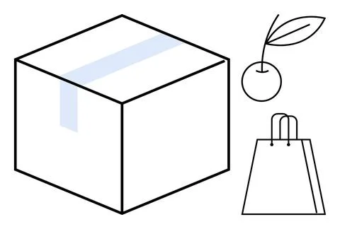 Delivery box with tape, cherry with leaf, and shopping bag in simple line art Stock Illustration