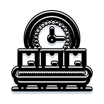 Delivery boxes moving on conveyor belt with clock Stock Illustration