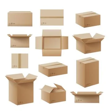 Delivery boxes or parcel packaging realistic vector illustrations set isolate Stock Illustration