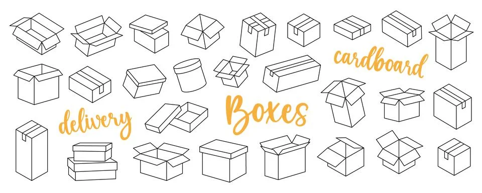 Delivery boxes outline set. Present gift boxes. Vector illustration. Stock Illustration