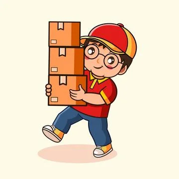 Delivery Boy Carrying Stack of Boxes Vector Illustration 스톡 일러스트