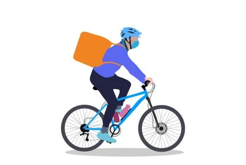 A delivery boy on cycle with backpack simple design on white background Illustrazione stock