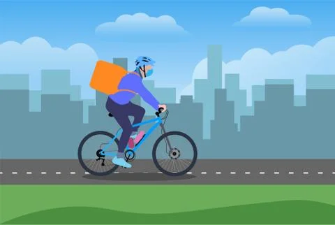 A delivery boy on cycle with backpack simple design on white background Illustrazione stock