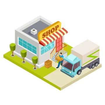 Delivery of bread to a small shop vector isometric illustration Stock Illustration