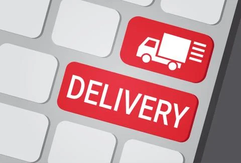 Delivery Button On Laptop Keyboard Fast Courier Service Express Truck Logo Icon Illustrazione stock