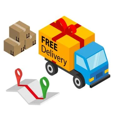 Delivery cargo with box, map and pins Stock Illustration