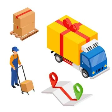 Delivery cargo with map and pins, delivery worker and box Stock Illustration