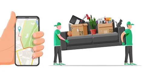 Delivery character man movers carry sofa and phone Illustrazione stock