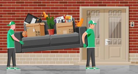 Delivery character man movers carry sofa Illustrazione stock