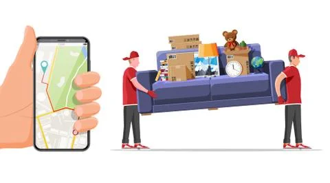 Delivery character man movers carry sofa and phone Illustrazione stock