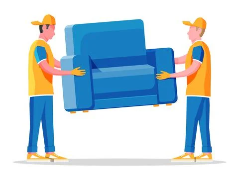 Delivery character man movers carry armchair. Illustrazione stock