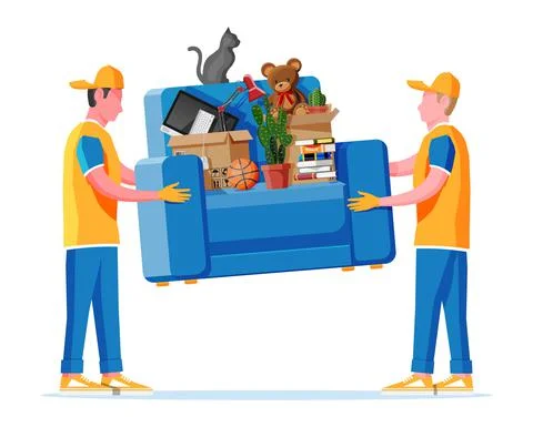 Delivery character man movers carry armchair Illustrazione stock