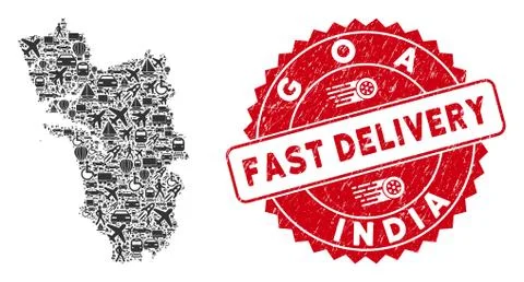 Delivery Collage Goa State Map with Scratched Fast Delivery Stamp Stock Illustration