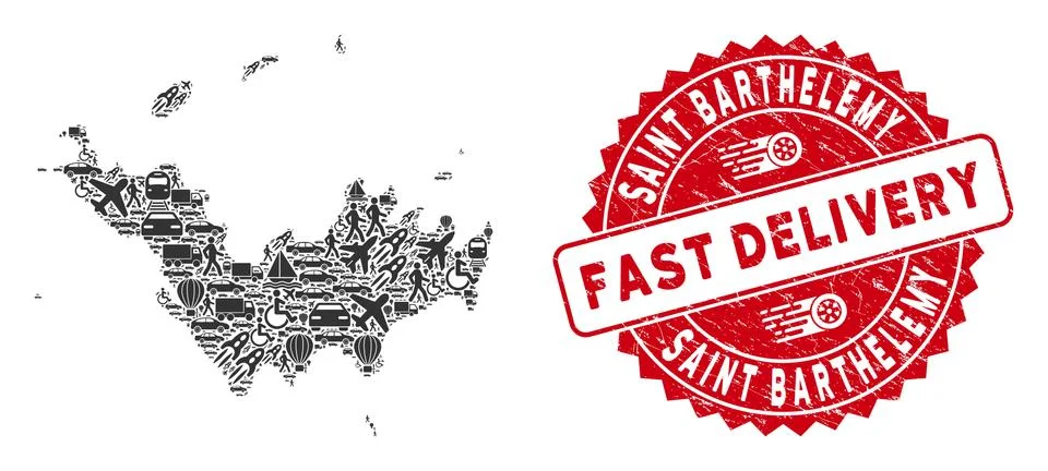 Delivery Collage Saint Barthelemy Map with Grunge Fast Delivery Seal Stock Illustration