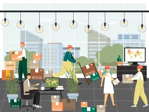 Delivery company office, flat vector illustration. Manager, loader, courier with Illustration