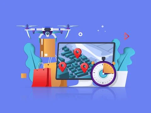 Delivery concept 3D illustration. Icon composition with computer with map for Illustrazione stock