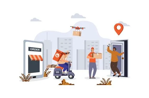 Delivery concept with character scene for web. Client using shipping servic.. Stock Illustration