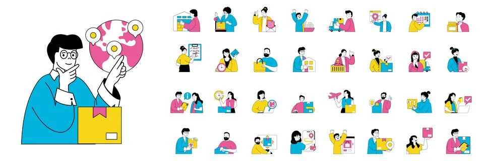 Delivery concept with character situations mega set in flat web design. Bun.. Illustration