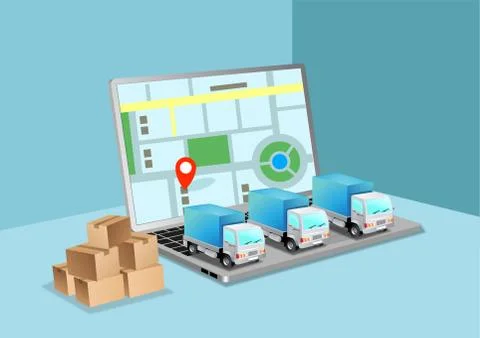 Delivery concept with computer technology, GPS system, laptops. With the adva Stock Illustration