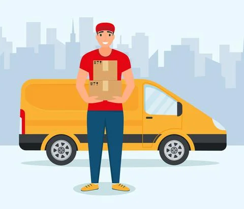 Delivery Concept. Fast delivery van. Delivery man sending in the city. Stock Illustration
