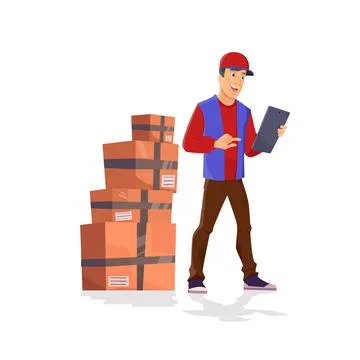 Delivery concept. Funny character man with tablet isolated on white with boxes. Stock Illustration