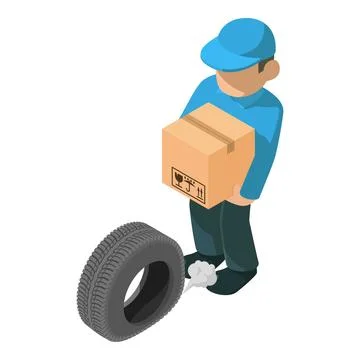 Delivery concept icon isometric vector. Male courier with box hand and car tire Illustrazione stock