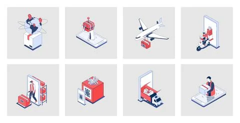 Delivery concept of isometric icons in 3d isometry design for web. Global log Stock Illustration