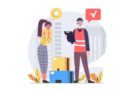 Delivery concept in modern flat design for web. Courier with clipboard shippi Ilustração Stock