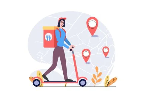 Delivery concept in modern flat design for web. Woman courier riding kick sco Ilustração Stock