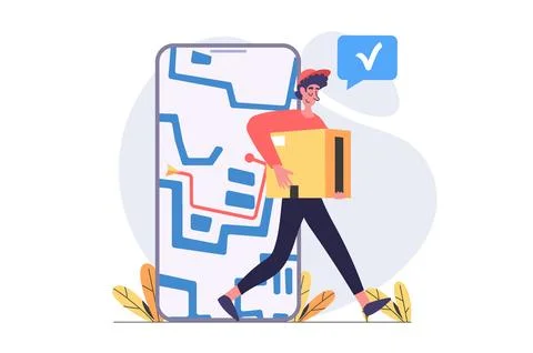 Delivery concept in modern flat design for web. Man courier shipping parcel b Stockillustratie