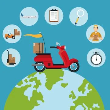 Delivery concept red motorcycle globe set icons 库存插图