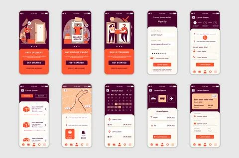 Delivery concept screens set for mobile app template. People use fast shipping Illustrazione stock