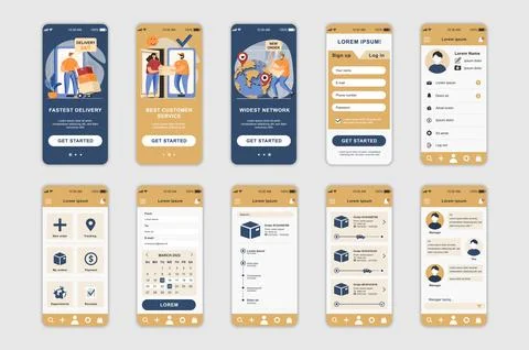 Delivery concept screens set for mobile app template. People use online order Stock Illustration